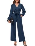 Women's Jumpsuits & Playsuits，Elegant Long Sleeve Jumpsuit Wide Leg Jumpsuits Wedding Guest Outfits One Piece Casual Jumpsuits Festival Outfit V Neck&High Waist Romper Travel Outfits With Pockets