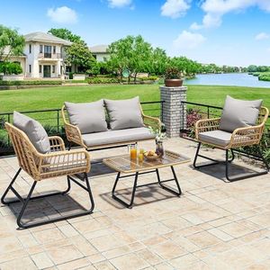 YITAHOME 4-Piece Patio Furniture Wicker Outdoor Bistro Set, All-Weather Rattan Conversation Loveseat Chairs for Backyard, Balcony and Deck with Soft Cushions and Metal Table (Light Brown+Beige)