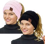 Rosoz Winter Ponytail Beanie for Women,Warm Beanie Tail Soft Stretch Cable Knit Messy High Bun Beanie Hat Cap (Style1-2Pack(Black+Pink)