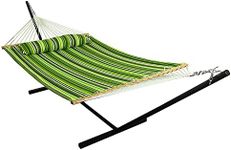 Sunnydaze Quilted Double Hammock with 12-Foot Stand and Pillow - 350-Pound Capacity - Black Stand - Melon Stripe