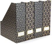 Set of 4 Stylish Black and Gold Geometric Magazine File Holders with Gold Label Holders for Desk or Bookshelf - Perfect for Classroom, Home and Office Organization and Storage and Decor by Blu Monaco