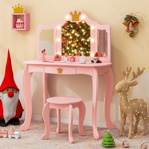 Costzon Kids Vanity Set with Lights and Stool