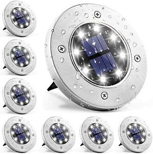 GIGALUMI 8 Pack Solar Ground Lights, 8 LED Solar Powered Disk Lights Outdoor Waterproof Garden Landscape Lighting for Yard Deck Lawn Patio Pathway Walkway (White)