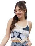 ICW Women Ethnic Embroidery Beach Summer Sleeveless Crochet Knit Crop Cami Regular Fit Tank Top Spaghetti (X-Small, Blue)