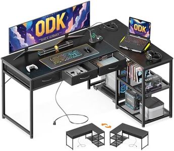 ODK Scrivania con Cassetto Sotto, Scrivania ad L con Multipresa, Scrivania ad Angolo Nero con Design Reversibile, 135×100 cm