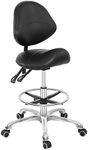Grace & Grace Professional Saddle Stool Chair with Back Support, Hydraulic Ergonomic Saddle Seat Stool with Wheels for Clinic Dentist Spa Massage Salons Studio (Black, with Foot Rest)
