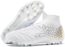 DGJG Boys Girls Soccer Cleats Lightweight Training Football Cleats Youth High-top Soccer Shoes Non-Slip Futsal for Big Kid, White/Gold/Silver, 5 Big Kid