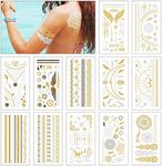 12 Sheets 120+ Metallic Temporary Tattoos, Flash Tattoos Tribal Feather Waterproof Tattoo, Waterproof Gypsy Jewellery Adhesive Tattoos for Women Girls Body Art