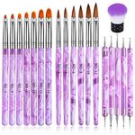 19 Pcs UV Gel Acrylic Nail Brush Set, TOROKOM Nail Art Tips Builder Brush Poly Extension Gel Brush Nail Painting Brush Dotting Pen Nail Art Dust Remover Brushes Powder for Nail Salon Home Use Gift (Purple)