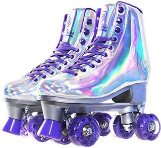 JajaHoho Roller Skates for Women, Holographic High Top PU Leather Rollerskates, Shiny Double-Row Glitter Four Wheels Quad Skates for Girls and Age 8-50 Indoor Outdoor (Size 7, Silver Purple)