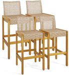 HAPPYGRILL Wicker Bar Stools Set of 4, Patio Chairs with Solid Wood Frame, Ergonomic Footrest, Indoor Outdoor Bar Height Chairs for Backyard Poolside Garden