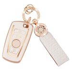 Koaudb Car Key Cover Fit for BMW 1 3 4 5 6 7 Series X3 X4 GT3 GT5 3 4 Buttons Soft TPU Smart Key Shell Case with Keychain Lanyard White Gold Car Key Full Protection(C-BM-4A)