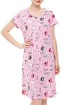 CHUNG Women Cotton Nightgown Casual Print Sleep Dress S-XL Shirt Tee Short Sleeve Sleepwear,88-PinkCat,L