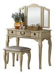 Poundex F4095 Bobkona Susana Tri-Fold Mirror Vanity Table with Stool Set, Champagne
