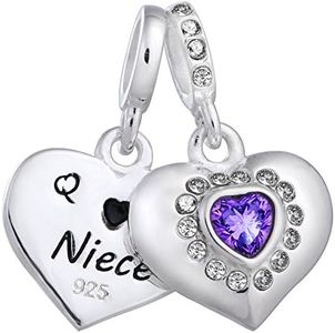 925 Sterling Silver Aunt & Niece Love Heart Purple Cz Dangle Bead For European Charm Bracelets