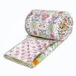 TOAIArt Jaipuri Dohar | AC Blanket/Quilt for Summer | Hand Block Printed | 3 Layers | Reversible | 100% Mulmul Cotton | Flannel Filling | Double Size 90" x 108" | Spring Floral (White Green Pink)