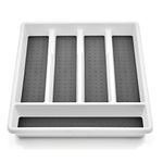 HaWare Cutlery Tray, Plastic Cutlery Organiser, 5 Compartments Non Slip Silverware Drawer Tray for Home Kitchen Office, Utensils Tray for Spoon Fork Knife, 32.5x29x4.5cm, White & Grey