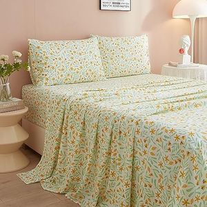 Floral Printed Sheets Full Size 4 Piece Sheet Set Microfiber Bed Sheets Breathable & Cooling Sheets Yellow Floral Bedding Sheets for Women & Men Deep Pockets Fit 16” Mattress Wrinkle Free Sheets Set