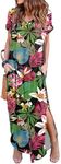 HUSKARY Women's Summer Maxi Dress Casual Loose Pockets Long Dress Short Sleeve Split Maxi Dresses, Leaves08, Small