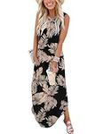 Zeagoo Womens Beach Dress for Summer Travel Dress for Women Maxi Hawaiian Dress Long Vacation Dress Pleated Tank Dress, Leaf Black,M