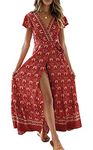 Women's Bohemian Floral Printed Wrap V Neck Short Sleeve Split Beach Party Maxi Dress