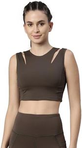 Enamor Athleisure Womens Quick Dry Antimicrobial Yoga Crew Neck Crop Vest With In Built Shelf Bra Support and Removable Padding- E123(E123_OLIVE NIGHT_XL)