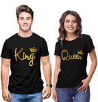 Hangout Hub HH4 Men's & Women's Round Neck T-Shirt King Queen Crown All Gold (Black;Men M (38), Women XL (40) ;) Pack of 2 Couple T-Shirts