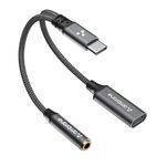 AMBRANE 2 in 1 Type C to 3.5mm AUX/C to C, Audio Jack Connector with DAC Headphone Converter, Works with iPhone 15+ Series Galaxy S23/S22/S21 & Other Type C Phones & Laptops (AOTG-CX2)