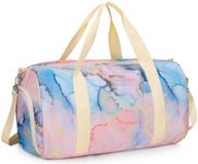 Duffle Bag for Gym Sports Women Girls Workout Travel Bag Weekender with Shoe Compartment and Wet Pocket, Marble 31 -Pink Blue, L, Duffle Bag