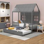 KOMFOTT Twin Size House Bed with Trundle, Wood Kid’s House Bed Frame with Roof, Windows, Fence Rails, Playhouse Bed Frame with Sturdy Bed Slats for Boys & Girls, No Box Spring Needed (Grey, Twin)