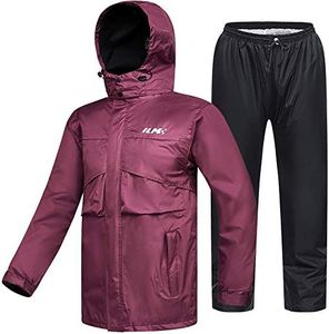 ILM Motorcycle Rain Suit for Women Waterproof Wear Resistant Protective Rain Gear 6 Pockets 2 Piece Set with Jacket and Pants Model RS02-Women (Large, Wine Red)