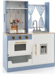Maxmass Kids Play Kitchen, Wooden Children Kitchen with Double Stove, Curtains, Water Dispenser, 6 PCS Accessories, Realistic Light & Sound, Toddler Cooking Toy Kitchen Playset for Boys Girls