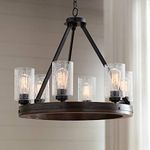 Gorham Iron Gray Wagon Wheel Chandelier 25" Wide Rustic Farmhouse Faux Wood Clear Seeded Glass 6-Light Fixture for Dining Room House Foyer Kitchen Entryway Bedroom Living Room - Franklin Iron Works