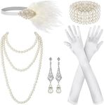 Maitys 1920s Accessories Set for Women Flapper Costume Feather Headband Necklace Bracelet Earrings (White Vintage)