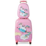 COSTWAY 2 Pcs Kids Luggage Set, 12'' Backpack and 18'' Suitcase Children Boys Girls Travel School Trolley Case on Wheels (Unicorn, Pink)