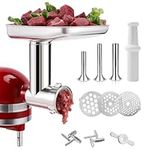 Stainless Steel Food Grinder Attachment for KitchenAid Stand Mixer, Durable Meat Grinder, Includes 3 Grinding Plates, 3 Sausage Stuffer Tubes, 2 Grinding Blades, Dishwasher Safe