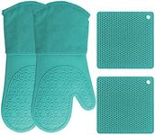 HOMWE Silicone Oven Mitts and Pot Holders, 4-Piece Set, Heavy Duty Cooking Gloves, Kitchen Counter Safe Trivet Mats, Advanced Heat Resistance, Non-Slip Textured Grip (Aqua Turquoise)