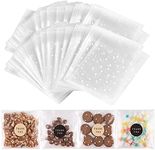 NPLUX 200PACK Self Sealing Cellophane Bags Cookie Bags for Gift Giving Clear Treat Bags with Stickers(White Polka Dot,5.5x5.5 INCH)