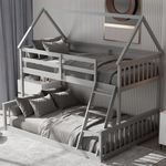 KOMFOTT Wood Twin Over Full House Bunk Bed with Built in Ladder, Solid Pine Wood Bunk Bed Frame with Safety Guardrails, House Bunk Bed Frame for Kids, Teens, Juniors, No Box Spring Needed (Grey)