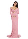 ZIUMUDY Maternity Fitted Gown V Neck Ruched Long Sleeve Maxi Photography Dress (Pink, Large)