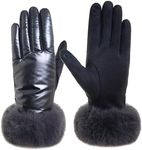 F Flammi Women Winter Suede Gloves Fur Cuffs Touchscreen Gloves Soft Warm Fleece Lined Gloves, Faux Leather-dark Grey