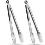 HOTEC Stainless Steel Kitchen Tongs Set of 2-12 inch, BBQ Locking Metal Food Tongs Non-Slip Grip (Black)