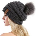 Queenfur Knit Slouchy Beanie for Women Thick Baggy Hat Faux Fur Pompom Winter Hat