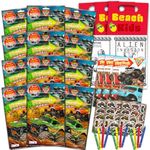 Party Favors Set - Bundle with 12 Monster Jam Monster Truck Play Packs with Coloring Pages, Stickers, Loot Bags, and More (Birthday Party Supplies)