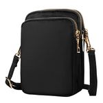 Lollanda Women Crossbody Phone Bags, Nylon Ladies Mobile Phone Bags with Adjustable Shoulder Strap, Mini 3 Layers Zipper Purse Wallet for Women and Ladies (Black)