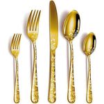 Turbid Flatware Cutlery Set of 5-Titanium Plated Stainless Steel Dinner Set,Kitchen Utensil Set with 1 Knife, 2 Forks, 2 Spoons-Elegant Fork and Spoon Set for Tableware (Golden Flaver, Set of 5)