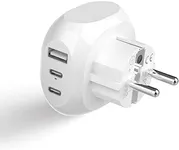 Ceptics European Schuko Travel Adapter - 5 Input with 20W PD-QC 3.1A Dual USB-C and USB - Ultra Compact - Light Weight - USA to Type E/F Countries Such as Germany, France and More (PTU-9), White