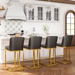 ALPHA HOME 24" Bar Stools, Retro Design of Kitchen Stools Matte Leather Barstool Metal Frame with Backrest Coffee Shop Kitchen Dining Room Cushion Bar Chair