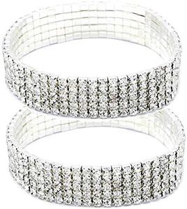 Women Rhinestone Stretch Ankle Bracelet Silver Sparking Tennis Bracelet Crystal Anklet Foot Chain Jewelry (5 Row - 2pcs)