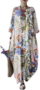 Celmia Women's Cotton Maxi Dresses Short Sleeve Loose Fit Long Kaftan Dress White Tropical Large